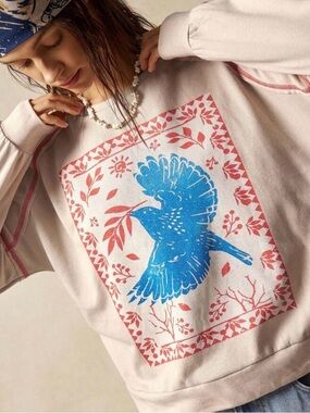 Bird Graphic Sweatshirt - Blue & Coral Print